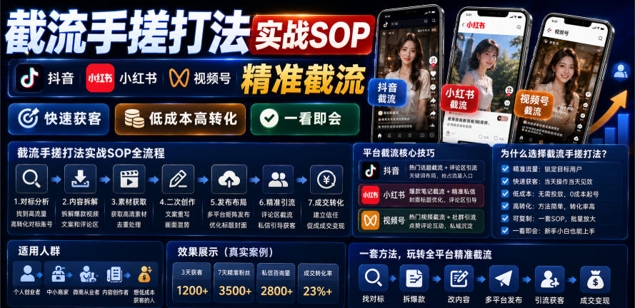 截流手搓打法实战SOP，抖音小红书视频号精准截流，快速获客，低成本高转化，一看即会-智云网