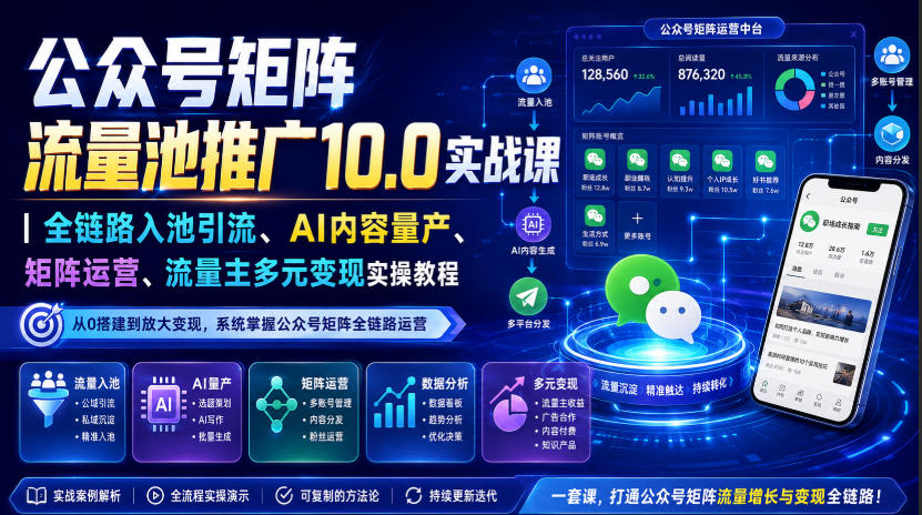 公众号矩阵流量池推广10.0实战课｜全链路入池引流、AI内容量产、矩阵运营、流量主多元变现实操教程-智云网