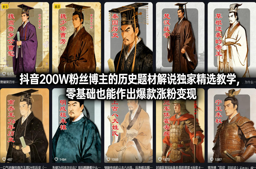 抖音200W粉丝博主的历史题材解说独家精选教学，零基础也能作出爆款涨粉变现-智云网