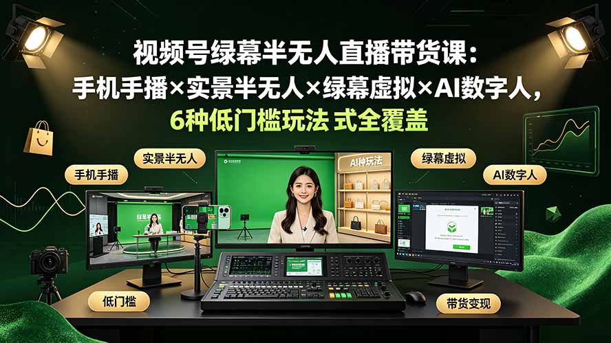 视频号绿幕半无人直播带货课：手机手播×实景半无人×绿幕虚拟×AI数字人，6种低门槛玩法全覆盖-智云网