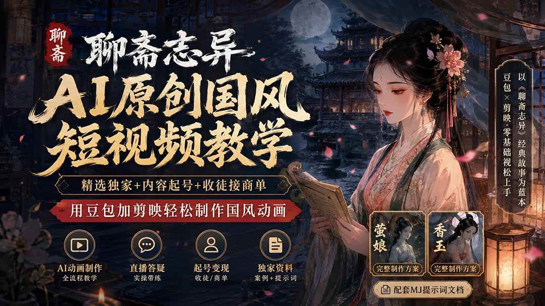 （19834期）聊斋志异AI原创国风短视频教学；精选独家+内容起号+收徒接商单，用豆包加剪映轻松制作国风动画-智云网