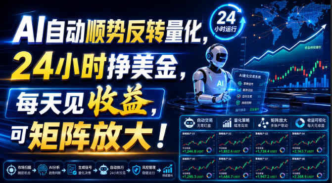 AI自动顺势反转量化，24小时挣美金，每天见收益，可矩阵放大！【揭秘】-智云网
