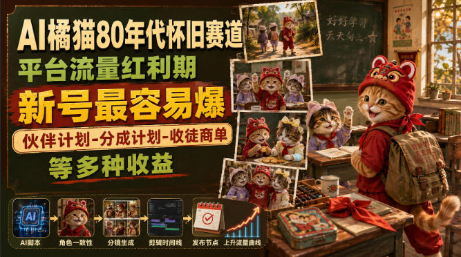 AI橘猫80年代怀旧赛道，平台流量红利期，新号最容易爆，伙伴计划-分成计划-收徒商单等多种收益-智云网
