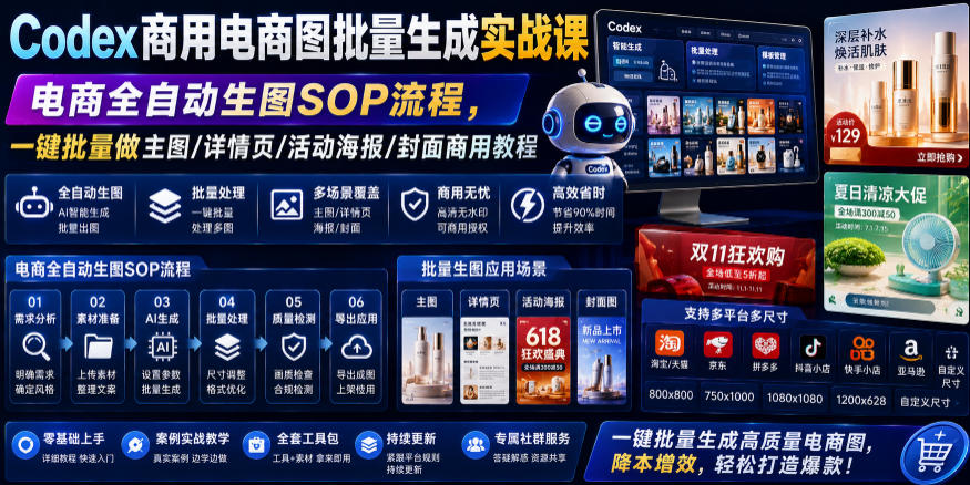 Codex商用电商图批量生成实战课｜电商全自动生图SOP流程，一键批量做主图/详情页/活动海报/封面商用教程-智云网