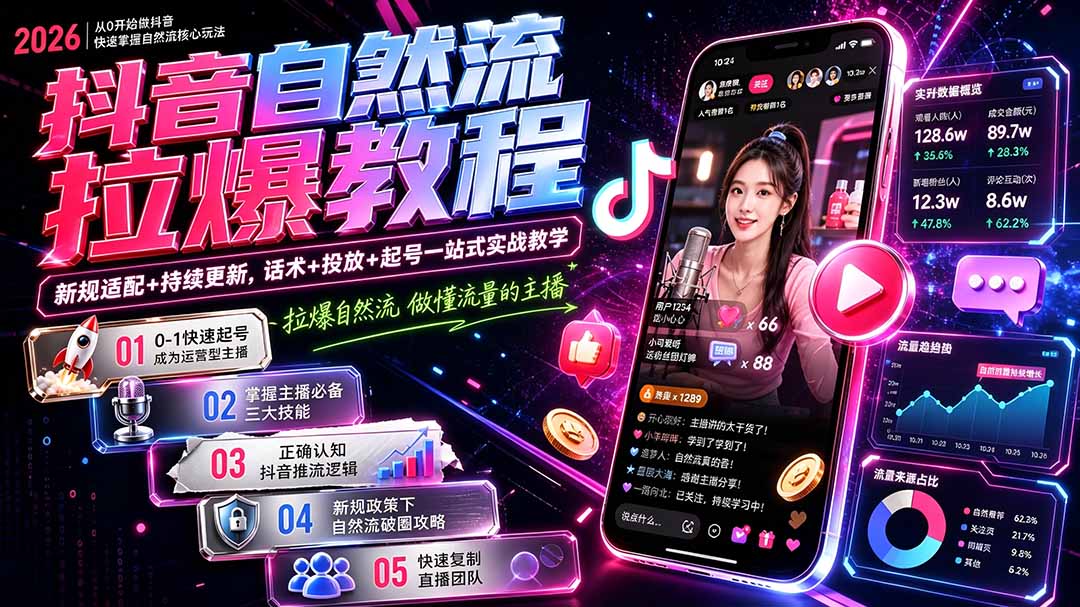 抖音自然流拉爆教程-更新8月：做懂流量的主播，新规适配+持续更新，话术+投放+起号一站式实战教学-智云网