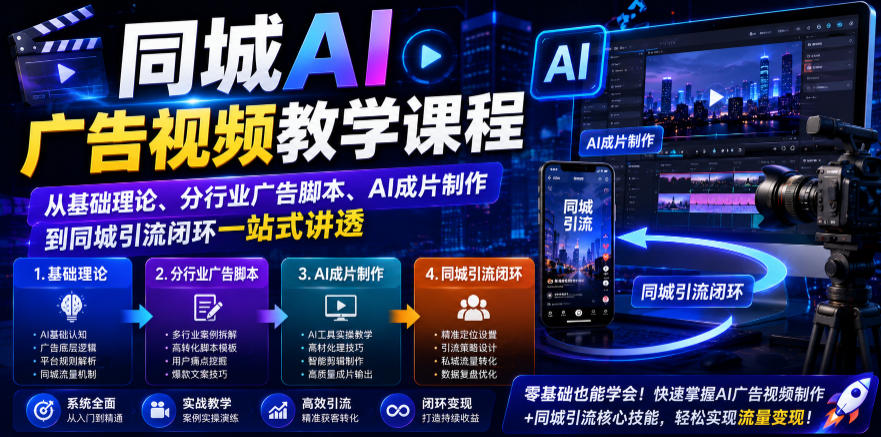同城AI广告视频教学课程，从基础理论、分行业广告脚本、AI成片制作到同城引流闭环一站式讲透-智云网