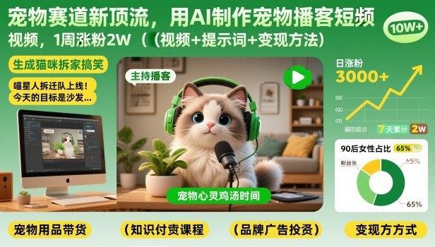 宠物赛道新顶流，用AI制作宠物播客短视频，1周涨粉2W（视频+提示词+变现方法）-智云网