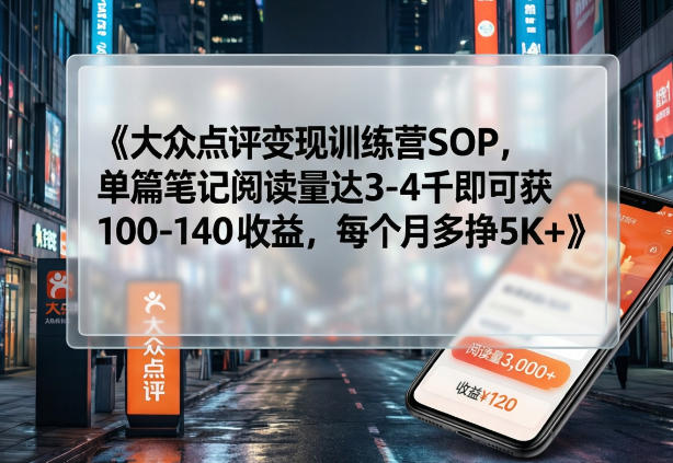 大众点评变现训练营SOP，单篇笔记阅读量达3-4千即可获100-140收益，每个月多挣5K+-智云网