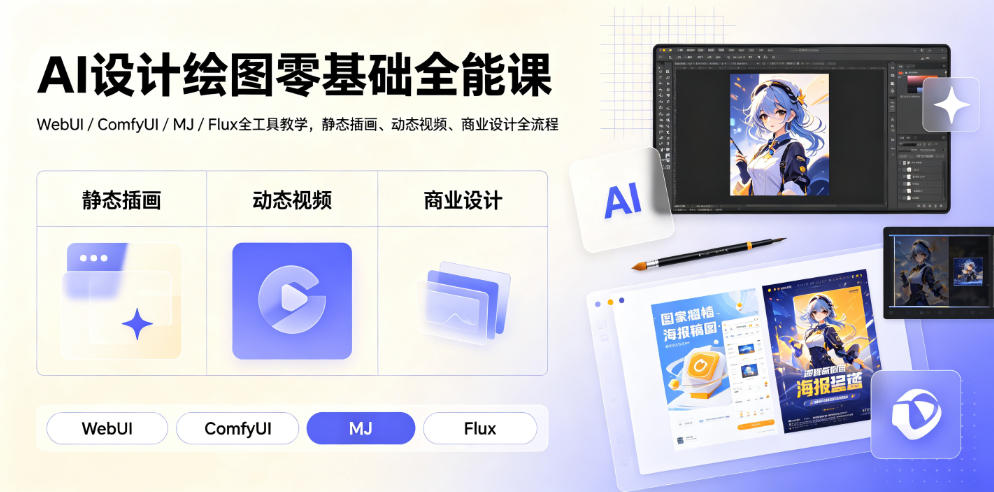 AI设计绘图零基础全能课｜WebUI/ComfyUI/MJ/Flux全工具教学，静态插画、动态视频、商业设计全流程-智云网