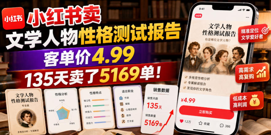 小红书卖文学人物性格测试报告，客单价4.99，135天卖了5169单！-智云网