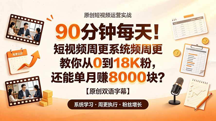 （19265期）90 分钟每天！短视频周更系统教你从 0 到 18K 粉，还能单月赚 8000 块？【原创双语字幕】-智云网