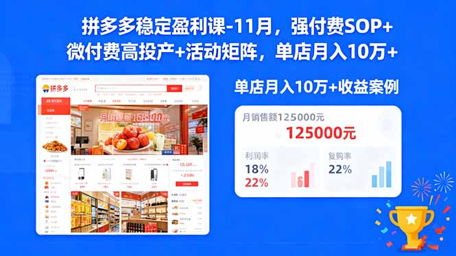 拼多多稳定盈利课-11月，强付费SOP+微付费高投产+活动矩阵，单店月入10万+-智云网