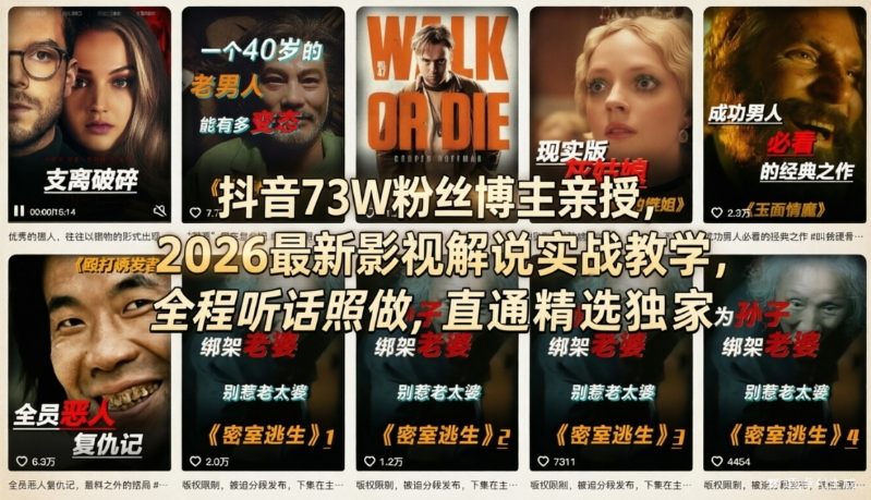 抖音73W粉丝博主亲授，2026最新影视解说实战教学，全程听话照做，直通精选独家-智云网