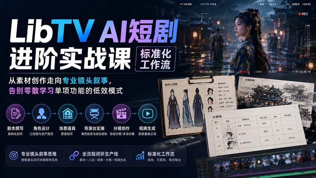 （19836期）LibTV AI短剧进阶实操课标准化工作流；从素材创作走向专业镜头叙事，告别零散学习单项功能的低效模式-智云网