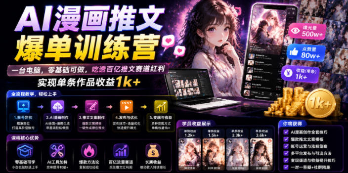 AI漫画推文爆单训练营,一台电脑,零基础可做,吃透百亿推文赛道红利,实现单条作品收益1k+(更新0705)-智云网