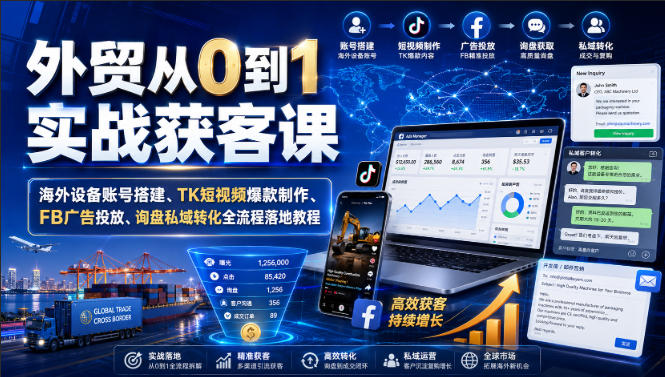 外贸从0到1实战获客课｜海外设备账号搭建、TK短视频爆款制作、FB广告投放、询盘私域转化全流程落地教程-智云网