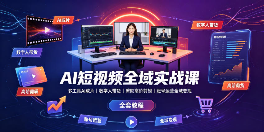 AI短视频全域实战课｜多工具AI成片、数字人带货、剪映高阶剪辑、账号运营全域变现全套教程-智云网